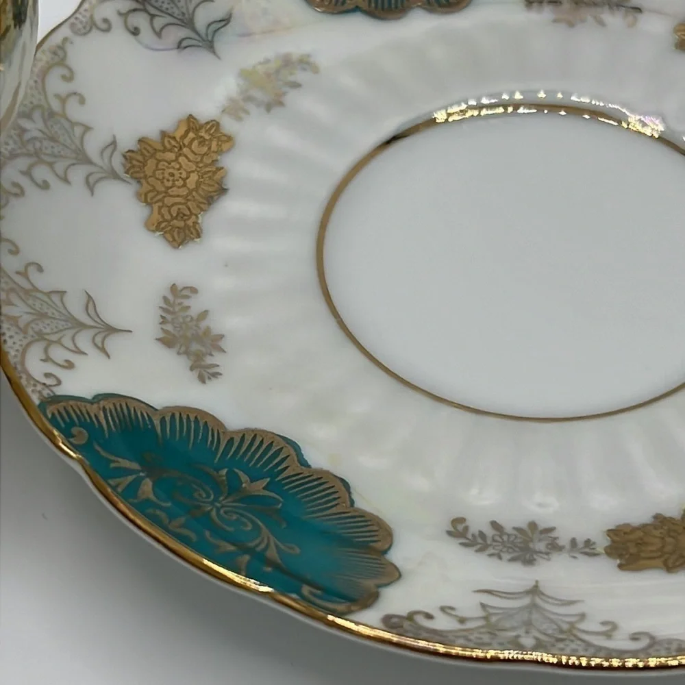 L M ROYAL HALSEY VERY FINE CHINA TEA CUP AND SAUCER SET GOLD, TEAL & IRIDESCENT